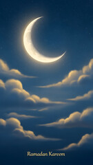 Crescent Moon in Night Sky with Clouds and Stars for Ramadan Greeting