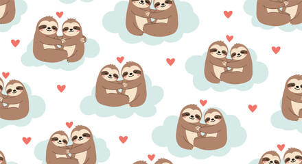 Fototapeta premium Adorable seamless pattern with cute sloth couples hugging on fluffy clouds surrounded by little red hearts for Valentine's Day.