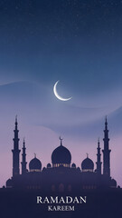 Silhouette of Mosque with Crescent Moon and Starry Sky During Ramadan Celebration