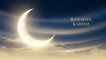 Fototapeta premium Crescent Moon in Night Sky with Clouds and Stars Ramadan Kareem Text