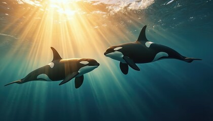 Two killer whales swim underwater near the surface. Sun rays penetrate deep blue water creating beautiful light patterns. Marine mammals explore ocean depths together in their natural habitat.