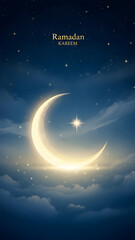 Fototapeta premium Ramadan Kareem with Crescent Moon and Star in Night Sky