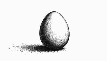 Single oval egg drawn with ink hatching technique casting shadow on white background. Simple clean art illustration perfect for food or Easter themes. Useful for educational or culinary content.