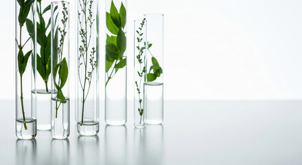 laboratory concept animation showing test tubes with green plants growing water symbolizing biotechnology genetic research nature science innovation abstract experimental visuals.