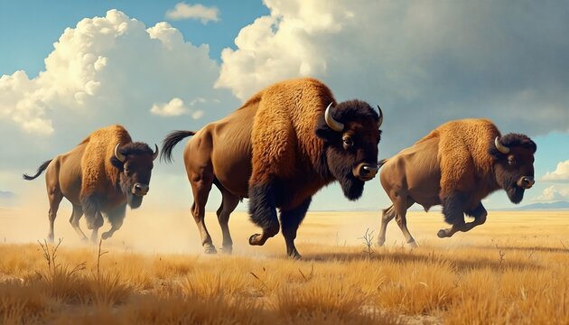 Three bison run across dry grassy prairie. Blue sky with fluffy white clouds above. Animals move fast creating dust clouds. Their fur is shaggy brown. They are powerful mammals.