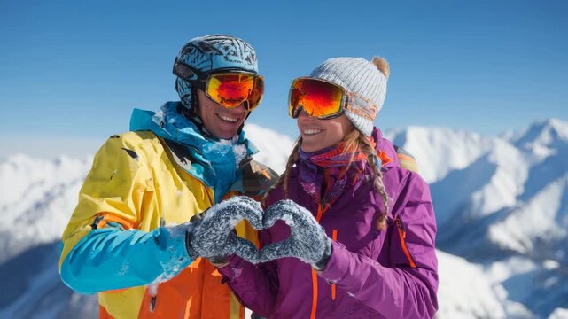 Happy Couple Skiing in Mountains Making Heart Shape