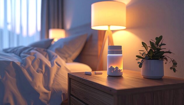 Close-up of a bedside table with a lamp, plant, and alarm clock in a cozy bedroom with warm lighting and soft focus.