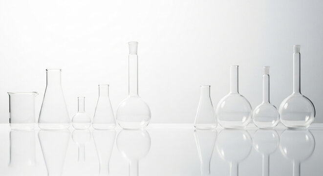 3d chemistry laboratory glass science test flask. Realistic lab beaker equipment. Chemical glassware tube isolated vector set. Empty cylinder measuring container for scientific medical experiment