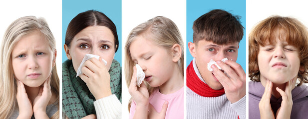 Children and adults suffering from cold. Collage of portraits