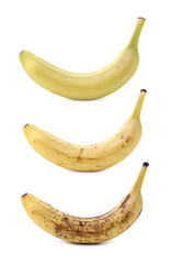 Comparison of fresh and overripe bananas isolated on white, collage