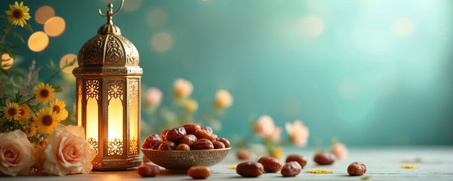 Ornate golden lantern with illuminated interior sits beside bowl of dates. Delicate roses and sunflowers adorn table. Soft bokeh background implies evening celebration.