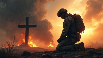 Naklejka premium Soldier kneels in prayer beside a cross. Flames and smoke fill the sky behind him. He wears a helmet and backpack, his head bowed in devotion. This image represents faith and war.