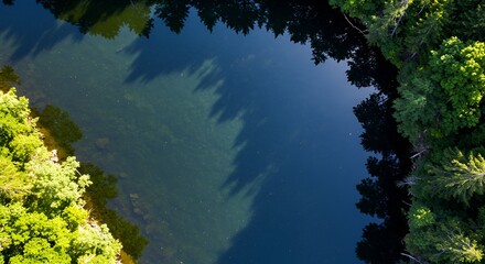 An aerial drone perspective captures the serene beauty of a dark, clear lake reflecting dense