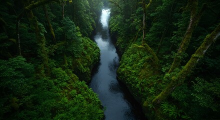 Misty, verdant forest canyon carved by a dark river, overgrown with mossy trees and lush ferns