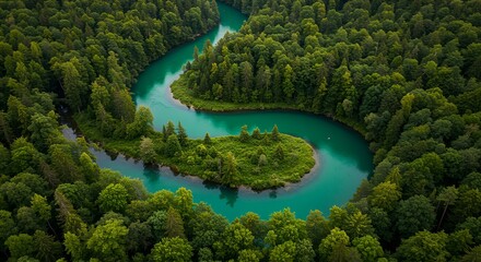 An aerial view captures a winding, vibrant turquoise river snaking through a dense, lush green