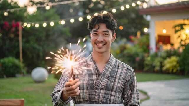 Smiling Asian man enjoying a festive evening with a sparkler in his garden