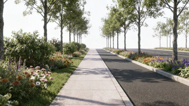 A perspective view shows a concrete sidewalk running alongside a dark asphalt road with a row of trees and vibrant flower gardens in between.