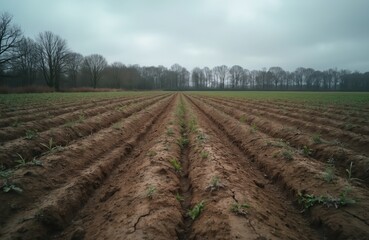 Newly planted crops emerge from dark soil rows under a cloudy sky. Bare trees line the distant field edge. Sparse green growth struggles in cracked earth.
