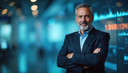 Mature man in suit stands arms crossed in modern office. Displays show blue digital data graphs and financial numbers. Blurred bokeh lights in background create tech atmosphere.
