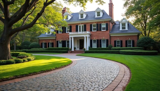 Spacious brick residence with winding cobblestone drive, manicured green lawn. Tall mature trees surround elegant suburban property creating serene atmosphere. Well kept landscaping enhances curb