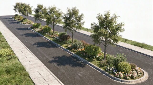 Overhead view of a U shaped asphalt road section featuring a central green median with a row of trees and colorful flower gardens.