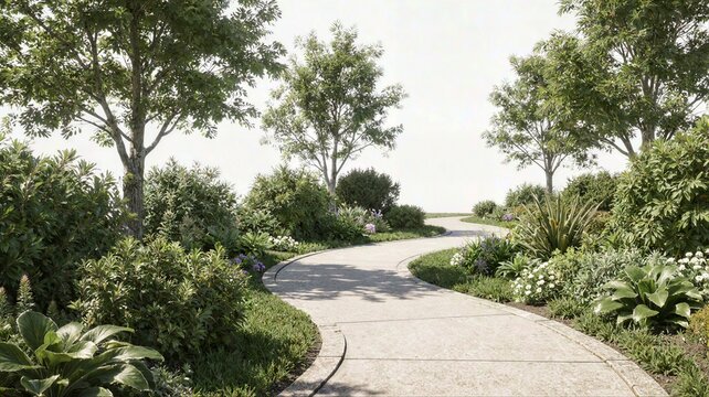 A smooth winding concrete garden path leads through lush green shrubbery and vibrant flowering plants under a bright and clear sky.