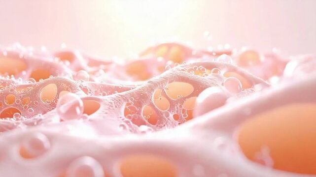 Microscopic view of skin cells with hydrating bubbles and glowing light