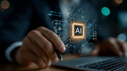 AI and Human Touch:  A person interacts with an AI-infused computer interface, symbolizing the fusion of human ingenuity and artificial intelligence.