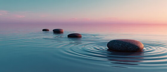 Stones in water, ripples spreading under a pink-blue sunset sky