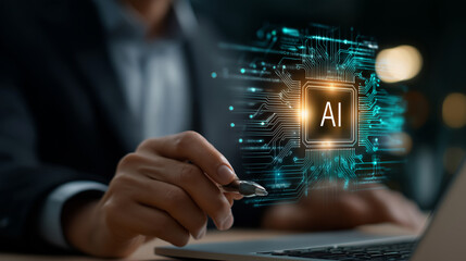 AI-Enhanced Business Analysis: A professional works with a futuristic AI interface, symbolizing the seamless integration of technology and business strategy. 