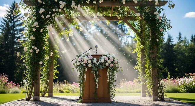 Botanical wedding arbor with radiant sunbeams illuminating floral podium