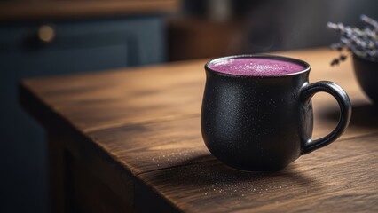 Fototapeta premium Deep amethyst blueberry and lavender smoothie in a rustic black cup on a wooden table