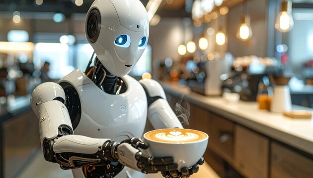 A humanoid robot holding a cup of coffee with foam in a modern cafe with warm lighting and a blurred background.