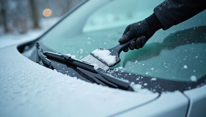 Fototapeta na wymiar Person uses scraper brush on frosted car windshield removing snow, ice. Gloved hand clears glass for safe driving visibility during winter season. Vehicle maintenance prepares for cold weather
