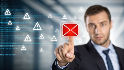 Email security threat concept with businessman pressing red envelope icon surrounded by warning signs in digital interface