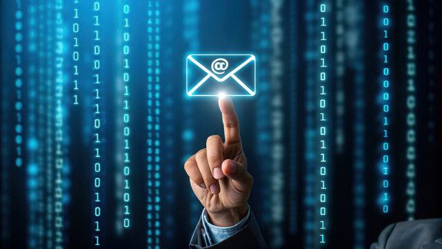 Futuristic email communication concept with finger pointing at glowing envelope icon and digital binary code background - Powered by Adobe
