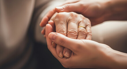 Close-up of compassionate hands gently holding each other, symbolizing care, support, and connection between generations