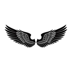 Fototapeta premium Stylized black angel wings with intricate feather details spread wide, isolated on a white background.
