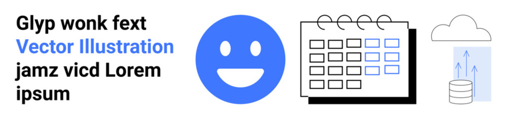 Fototapeta premium Communication, task management, data storage, cloud technology, organization, teamwork. Blue happy face, grid-style calendar and cloud with arrows. Communication and task management concept