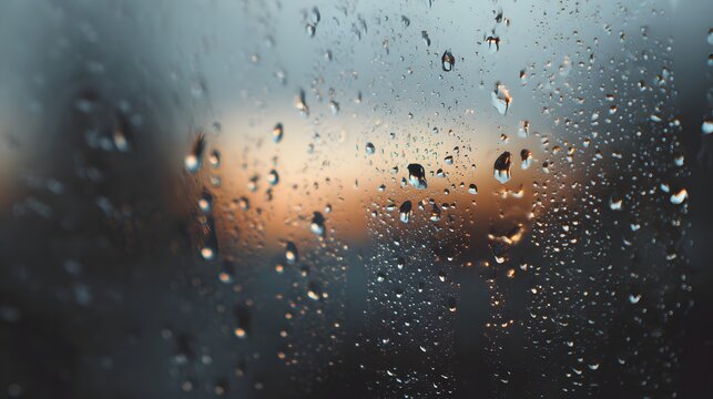 A serene and peaceful scene of raindrops on a windowpane with a blurred background of sunset - Powered by Adobe