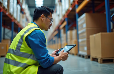 Asian man in safety vest uses tablet computer scanning barcode label in warehouse. Employee checks stock on shelves with merchandise, works indoors in logistics center.