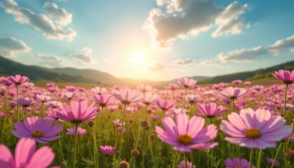 Obraz premium Field of pink cosmos flowers basks in warm sunset light. Gentle hills form background under cloudy blue sky. Soft focus effect enhances dreamy atmosphere of peaceful nature scene.