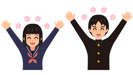 手を挙げて喜ぶ学生のイラストセット