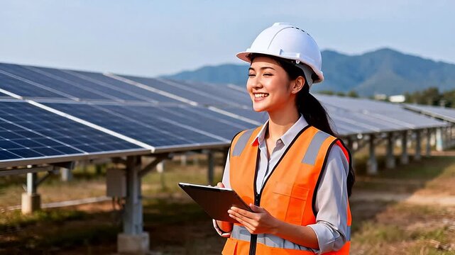 Woman in safety gear at solar farm