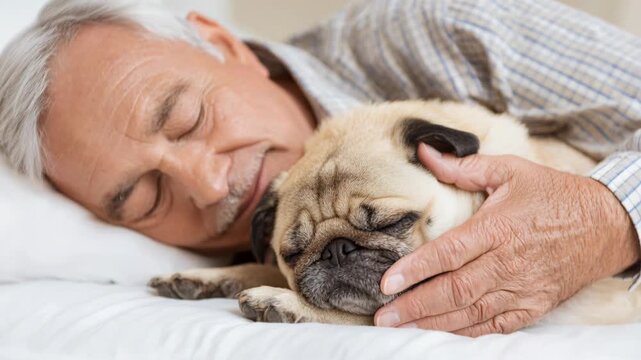 An elderly man and his pug dog are sleeping peacefully in bed together, showing a heartwarming bond.