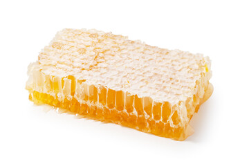 Raw Organic Honeycomb Block with Dripping Fresh Liquid Honey Isolated on White Background with Copy Space