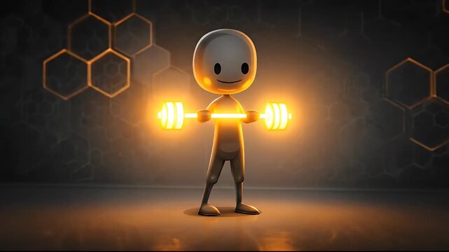A 3D character lifting glowing dumbbells in a dark room with hexagonal patterns on the wall