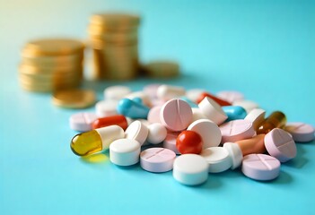 Multicolored pills and capsules with stacked coins forming an upward graph illustrate rising medication costs, healthcare inflation, pharmaceutical economics, and financial burden on patients.