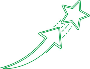 A green line art vector featuring a rising arrow pointing toward an outlined star. This minimalist design symbolizes growth, reaching goals, success, and high-performance achievements.