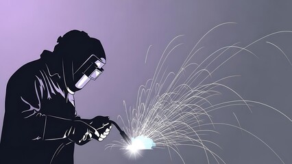 Industrial welding sparks with focused worker silhouette in dark workshop